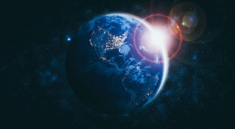 Planet earth globe view from space showing realistic earth surface and world map