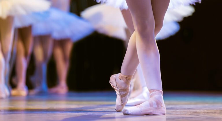 Legs of ballerinas dancing in ballet Swan Lake